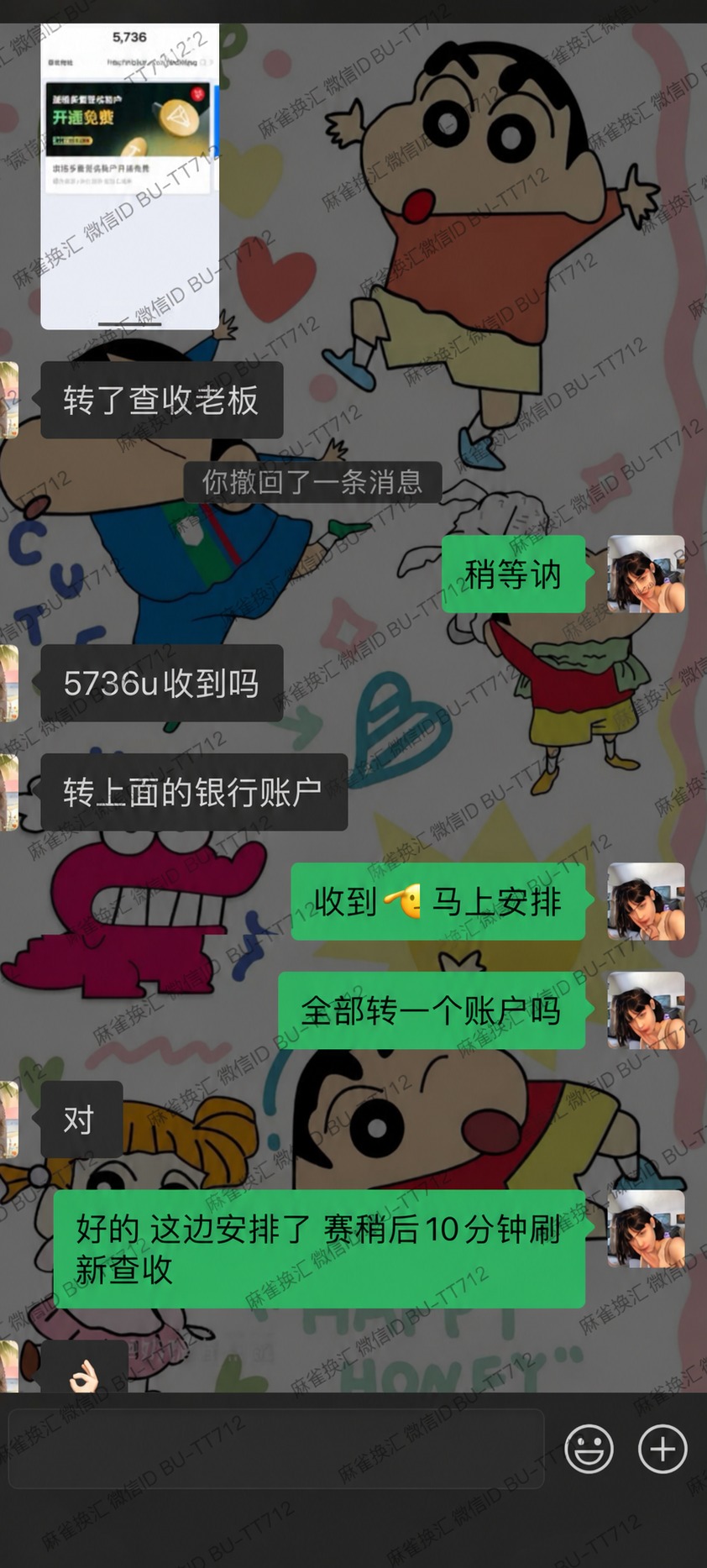 在这张微信聊天截图上添加半透明斜向重复水印，水印文字为“麻雀换… - 图片创意预览