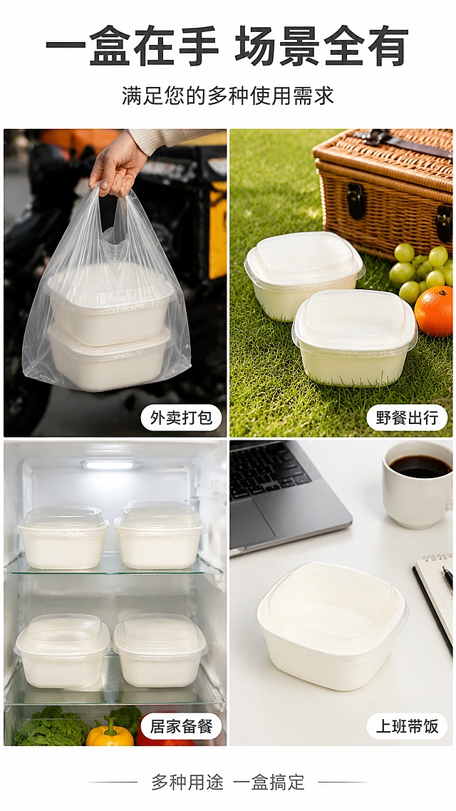 [第6屏] 详情页多场景应用拼图 - 一次性方形白色餐盒四大使用场景展示。本屏使用【图1】作为商品主体，餐盒外观结构与输入图一致。
[氛围/风格] 场景拼贴风，丰富多样，商业摄影质感，展示产品多用性。
[元素布局] 画面采用2×2四宫格拼图布局，每格一个场景：左上「外卖打包」- 餐盒放入外卖袋中；右上「野餐出行」- 餐盒放在野餐篮旁的草地上；左下「居家备餐」- 餐盒整齐摆放在冰箱层架上；右下「便当带饭」- 餐盒放在办公桌上；每个场景中的餐盒外观、结构、颜色均与输入图完全一致；四格之间有白色细边框分隔；无桌布无墙面，每个场景各自背景干净。
[光影质感] 每格场景独立打光，整体明亮通透，风格统一。
[配色色系] 全局底色 #FFFFFF（白色分隔线）；每格场景有各自主色调但整体协调；标题深灰色统一。
[视角构图] 四宫格拼图，2行2列，阅读动线从左上到右下依次浏览。
[文字版式] 顶部通栏大标题「一盒在手 场景全有」，副标题「满足您的多种使用需求」；每格场景右下角有场景名称标签：「外卖打包」「野餐出行」「居家备餐」「上班带饭」，白色圆角标签配深色文字；底部小字说明「多种用途 一盒搞定」；所有文字清晰可读。
[比例分辨率] 9:16竖版比例，4K分辨率，文字清晰可辨，高清画质。
[负向提示词] 餐盒变形，结构错误，颜色偏差，桌布，墙面，水印，文字错乱，拼图边界模糊。