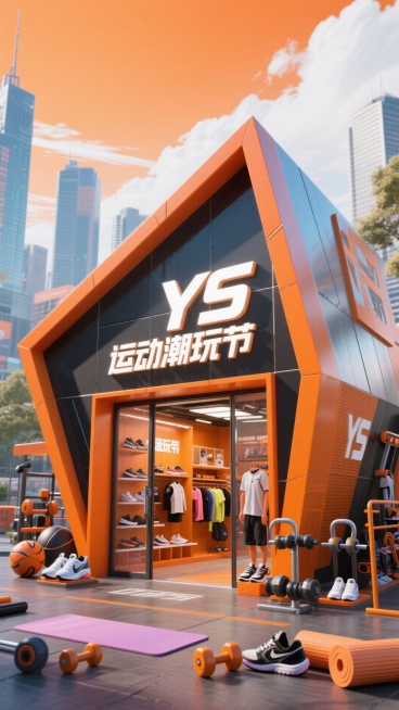 一座活力感的棱角型建筑，门头写着 “YS 运动潮玩节”，通体采用橙黑塑胶与金属材质，搭配运动器材装饰。店内陈列着球鞋、运动服、瑜伽垫、哑铃与运动配件；背景是动感的运动都市天际线，橙白晴空。预览效果