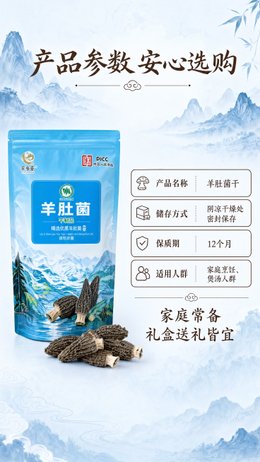 [第5屏] 羊肚菌干规格信息屏。本屏使用【图1】作为产品参考，保持产品包装特征与输入产品图一致。
[氛围/风格] 蓝色国风水墨风格，干净清晰的信息展示，浅蓝淡墨背景，国风简约质感。
[元素布局] 画面预览效果