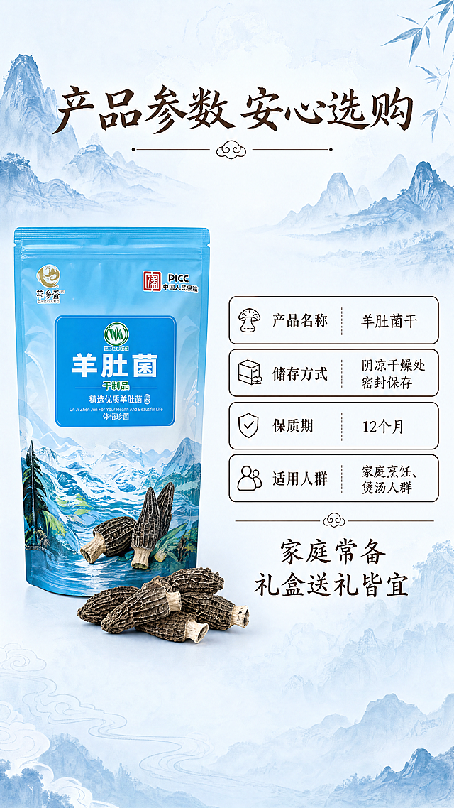 [第5屏] 羊肚菌干规格信息屏。本屏使用【图1】作为产品参考，保持产品包装特征与输入产品图一致。
[氛围/风格] 蓝色国风水墨风格，干净清晰的信息展示，浅蓝淡墨背景，国风简约质感。
[元素布局] 画面左侧放置产品包装小图，右侧区域放置产品参数和选购信息，信息排版清晰，参数对齐工整，底部留白透气，整体不拥挤。包装图占左侧约35%区域，参数区占右侧约60%区域。
[光影质感] 整体光线均匀明亮，产品和文字清晰，阴影柔和，阅读舒适。
[配色色系] 全局底色：#e6f3ff（浅蓝水墨）；保持产品原有配色；文字使用深棕色延续全套风格。
[视角构图] 左右分栏构图，左侧产品图，右侧参数信息，结构清晰一目了然。
[文字版式] 采用和首屏一致的适度书法感标题字形，字色仅深棕色，纯色填充字效。顶部标题「产品参数 安心选购」，通栏居中；右侧参数区域列出「产品名称」「储存方式」「保质期」「适用人群」基础信息，表格排版整齐行距充足，底部推荐「家庭常备 礼盒送礼皆宜」选购建议。
[比例分辨率] 9:16竖版比例，4K分辨率，文字清晰可辨，超高清。
[负向提示词] 包装变形，文字错乱，表格不对齐，水印，颜色偏差，背景杂乱。