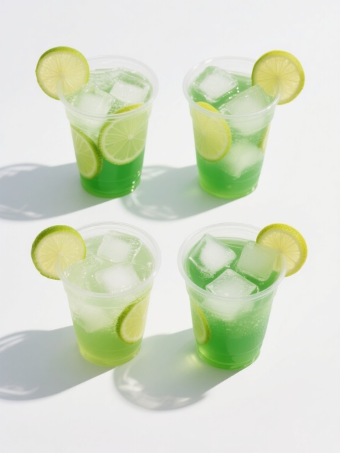 一张白色纯色背景的图片，上面有四个规整排布的透明塑料杯装饮品，每个杯子里都装满了不同造型样式和不同口味的柠檬水。饮品呈现出鲜亮的绿色，杯中漂浮着冰块和柠檬片，杯口边缘也装饰着柠檬片，整体风格清新、写实，光影效果突出，冰块和柠檬片的细节清晰可见，具有强烈的夏日清凉感。预览效果
