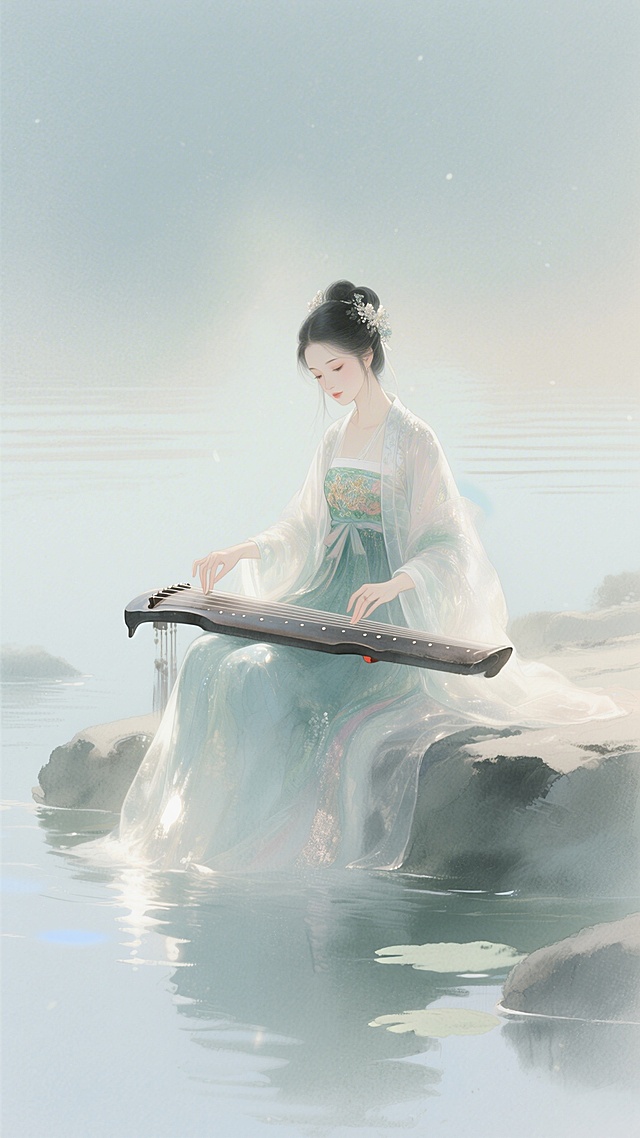 女性琴师在湖边弹奏古琴，画面朦胧清新有美感，服饰华丽，湿画法淡彩风格
