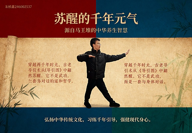 比例尽可能做到36：25，这张图片上的人物放在海报的中心偏下。主色调取暗朱砂红青金石蓝与竹青色。背景采用绢布质感。总体颜色不要太暗。左上角署名“朱桢鑫 246002537”主标题：“苏醒的千年元气”。副标题：“源自马王堆的中华养生智慧”。正文（可放在人物图片两侧）：“穿越两千年时光，古老导引术从《导引图》中翩然苏醒。它不是武功，而是一套与身体对话的温和哲学。”底部口号：“弘扬中华传统文化，习练千年引导，强健现代身心。”