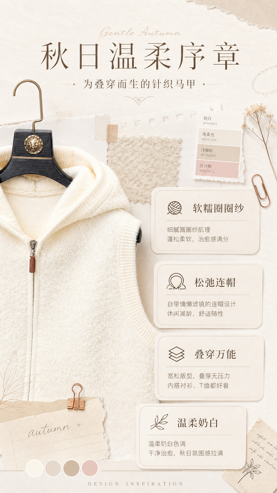 [第2张] 设计理念页-奶白色连帽针织拉链马甲风格关键词。本张… - 图片创意预览