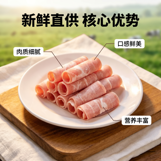 [主图 2] 核心卖点展示，突出产地与品质；[氛围风格] 真实生鲜质感，突出新鲜度；[画质] 商业美食摄影质感，光线柔和通透，产品清晰真实，画面干净高级；[元素] 参考输入图片，保持牛肉卷的粉红色泽和预览效果