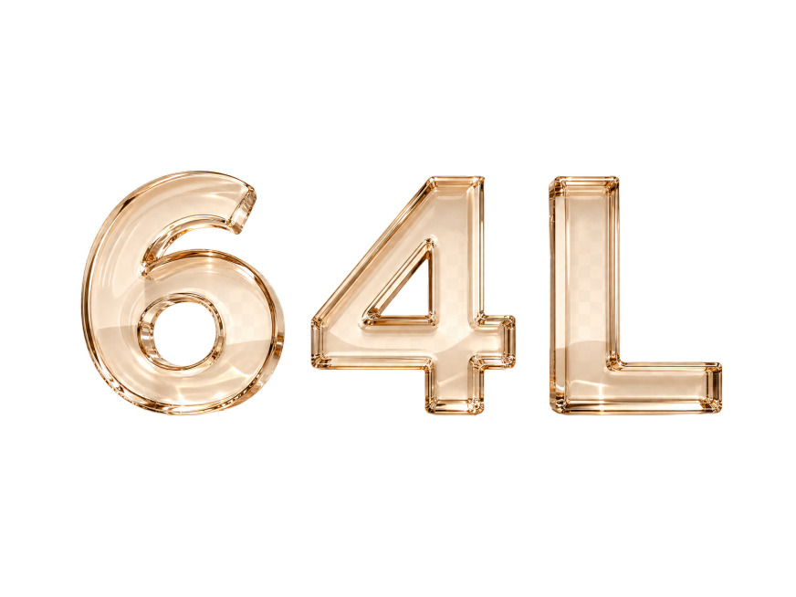 干净透明背景，3D艺术字体设计，主体文字“64L”，所有文字单行横向排列，透明浅咖色玻璃质感立体字体，浅咖色透明玻璃材质，带有自然折射效果和焦散光影，字体结构保持通透，立体精致。仅包含三个字："6"、预览效果