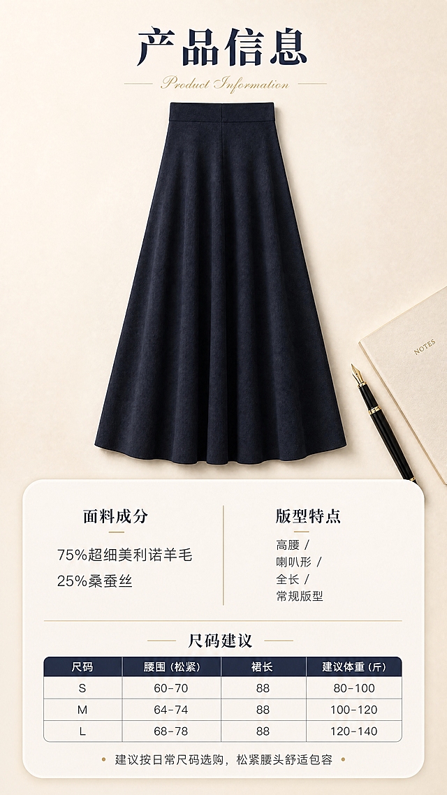 [商品] 使用【图3】深藏青色丝毛混纺圆形半身长裙平铺正面图；商品处理：保留高腰罗纹腰头、喇叭形A字廓形、全长长度、大摆结构、深藏青颜色和丝毛混纺面料；自然理顺裙摆，增强面料织纹质感，不改变版型和结构。
[画面] 目标：产品信息与尺码选购页，展示面料成分与版型参数；构图：上方产品小图占30%，下方信息卡占70%；景别：产品中景平铺+信息表格；场景：米杏色哑光台面，柔和顶光，产品位于上方居中，下方为圆角浅底信息卡区域，旁边放一支钢笔和笔记本道具。
[视觉] 套系策略：风格=轻奢极简高级杂志风；标题字=现代衬线粗体；正文字=简洁无衬线体；主色=深藏青+米杏；背景延展=基于米杏色做深浅渐变、同色系层次和细腻哑光质感；强调色=香槟金，仅用于小面积英文装饰、细线引线和标签；标题色=深藏青；正文色=深炭灰；组件=圆角浅底信息卡、细金线引线、细线条表格；光影=正上方柔和漫射光，均匀明亮。
[文字] 顶部主标题「产品信息」，下方信息卡分两栏：左侧「面料成分」写「75%超细美利诺羊毛 / 25%桑蚕丝」，右侧「版型特点」写「高腰 / 喇叭形 / 全长 / 常规版型」，底部「尺码建议」表格含S/M/L三档，标注「建议按日常尺码选购，松紧腰头舒适包容」，文字清晰可读。
[规格] 图片比例9:16竖版，4K，避免变形、错字、文字过小、冷蓝背景、裙子颜色改变、版型失真。
