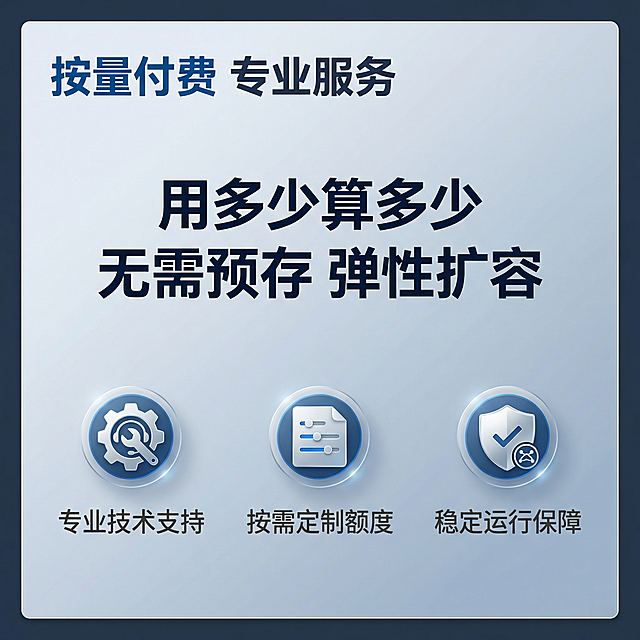 [主图 5] 大模型API Token服务按量付费与服务承诺
[氛围风格] 现代科技简约风格，专业严谨，信任感强
[画面元素] 商业摄影质感，光线柔和通透，产品清晰真实，画面干净高级。内容区域外围增加一圈极细深色边框，中心区域突出展示按量付费核心优势，下方区域展示三项服务承诺图标，背景保持蓝灰渐变，整体排版和前四张风格统一，视觉连贯，边框内安全边距充足
[配色色系] 主色调：科技蓝 深灰；线框和文字深色，表头蓝底白字，清晰易读，细深灰色边框
[视角构图] 上下结构，上核心优势下服务图标，居中对齐，干净整洁
[文字版式] 顶部左对齐主标题 "按量付费 专业服务" 深蓝色粗体；中心区域突出核心优势：「用多少算多少 无需预存 弹性扩容」大号文字居中展示，字号醒目清晰；底部横向排列三项服务承诺：[专业技术支持],[按需定制额度],[稳定运行保障]，图标+文字，两端留空，字号适中，保持清晰，所有内容在边框内不贴边
[比例分辨率] 1:1 比例，2k 分辨率，文字清晰可辨，超高清
[负向提示词]变形，水印，文字错乱，背景杂乱，二维码，联系方式，绝对化用语，粗边框