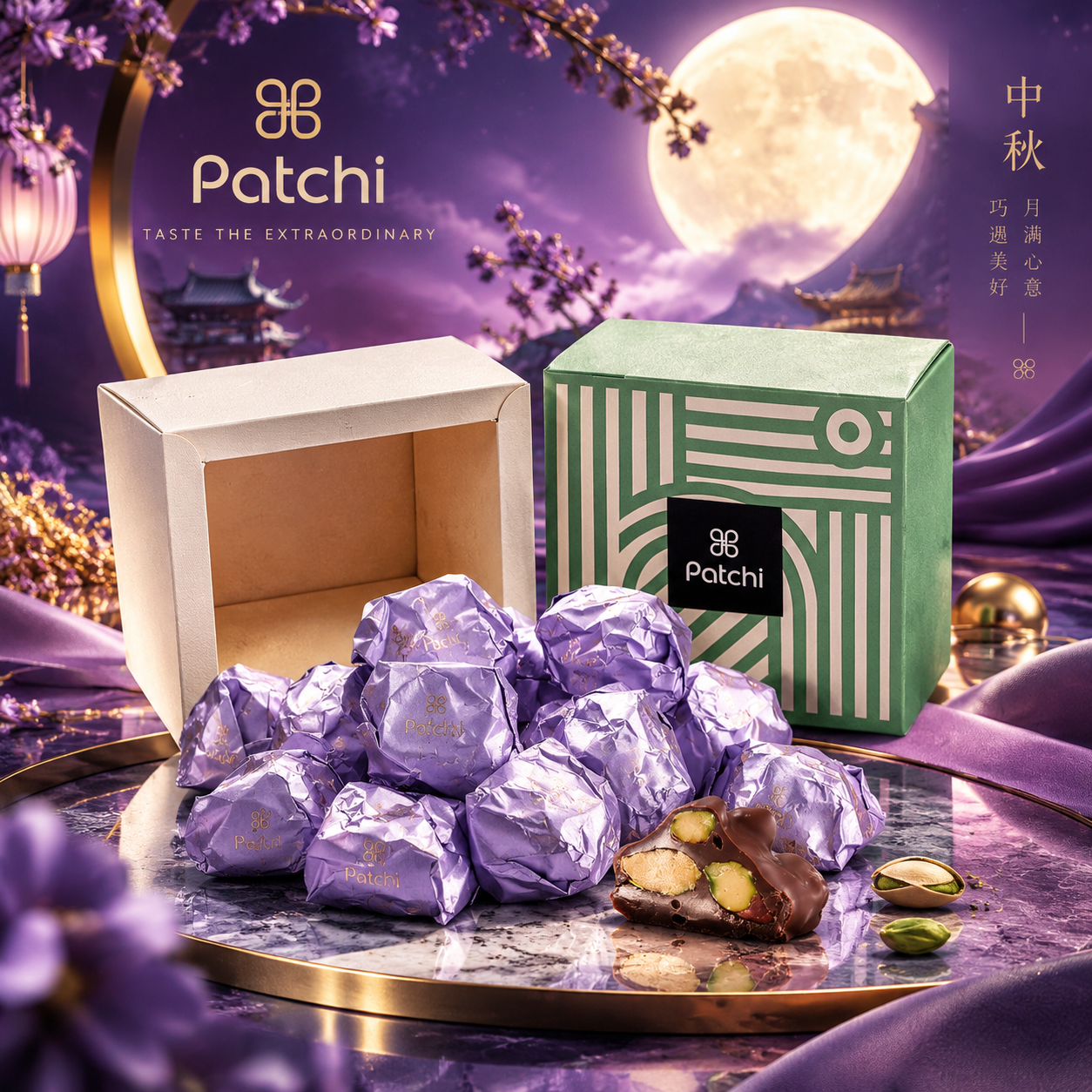 中秋节高端商业产品海报，主体是Patchi巧克力礼盒与紫色锡纸… - 图片创意预览