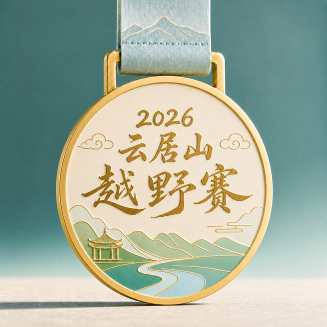 统一奖牌文字风格：‘2026云居山越野赛’全部采用飘逸毛笔书法风格，字形协调一致、大小适中；背景仍为亮色系（金、青绿、浅蓝），保留山水、古亭、云纹等简洁线条元素，确保整体视觉和谐预览效果