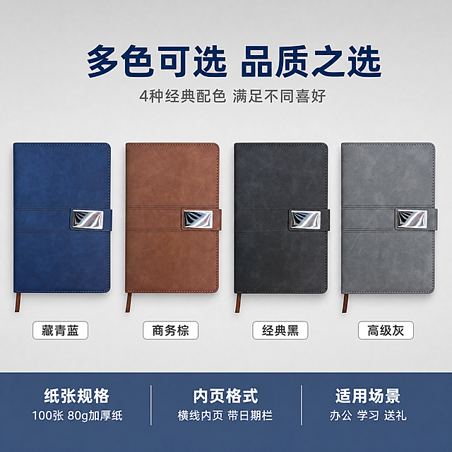 [主图-5] 笔记本多色可选规格展示图 四色封面阵列展示。
[氛围风格] 简约转化型排版，清晰直观；
[画质] 商业摄影质感、光线均匀、产品清晰真实、排列整齐。
[元素] 四本不同颜色的羊巴皮面笔记本整齐排列在画面中央，从左到右依次为：深蓝色、棕色、黑色、灰色。四本笔记本均为正面展示，金属磁吸搭扣一致，书签带自然垂下，大小角度完全一致，形成规格阵列效果。背景为浅灰色渐变纯色背景，干净简洁突出产品颜色差异。每本笔记本下方对应一个颜色名称标签。**保持四本笔记本外观（即物理结构、材质质感、磁吸搭扣形状、缝线细节、书签带）与输入产品图1（深蓝）、图2（棕色）、图3（黑色）、图4（灰色）分别保持绝对一致，杜绝任何变形和色差，精细化处理**。四本总占比约60%；画面满屏无边框。
[光影] 正上方均匀柔光照射，每本笔记本受光一致，皮革表面质感细腻，金属搭扣有柔和高光；底部有统一方向的轻微投影，整体明亮通透。
[配色] 主色深蓝、棕色、黑色、灰色（四本笔记本）；辅色浅灰背景、白色卡片；强调色深蓝色（主标题）。
[视角构图] 正面平视，四本笔记本水平等距排列，居中对称构图；上下留出文字空间，构图平衡稳定。
[文字版式] 顶部居中主标题"多色可选 品质之选"，深蓝色粗体大号无衬线；下方副标题"4种经典配色 满足不同喜好"，灰色中号。四本笔记本下方各对应一个圆角白底灰边小卡片，卡片内文字分别为：「藏青蓝」「商务棕」「经典黑」「高级灰」，深灰色粗体字。底部通栏半透明深蓝蒙层，均分三列白字信息：列一「纸张规格」「100张 80g加厚纸」列二「内页格式」「横线内页 带日期栏」列三「适用场景」「办公 学习 送礼」。上层标题更粗更大，下层说明稍小。
[输出要求] 1:1比例，文字清晰锐利，画面超高清商业摄影质感。
[负向提示词] 变形，文字错乱，产品图模糊，背景杂乱，水印，电商平台Logo，多余的手，多余的手指，畸形手。