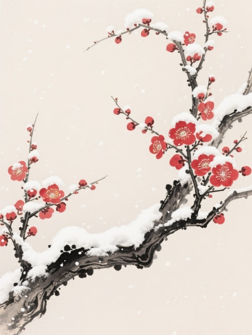中国传统工笔花鸟画风格，干净雅致的米白色背景，一株苍劲的老梅树占据画面主体，枝干以墨色勾勒，线条遒劲有力，枝头覆盖着厚实的白雪，积雪质感蓬松，红梅花朵色彩鲜艳饱满，花瓣层次分明，花蕊细致，部分梅花含苞待放，部分完全盛开，枝干上点缀着零星飘落的雪花，整体构图疏密有致，营造出宁静高洁、清雅脱俗的氛围，具有浓厚的中国传统文人画韵味。预览效果