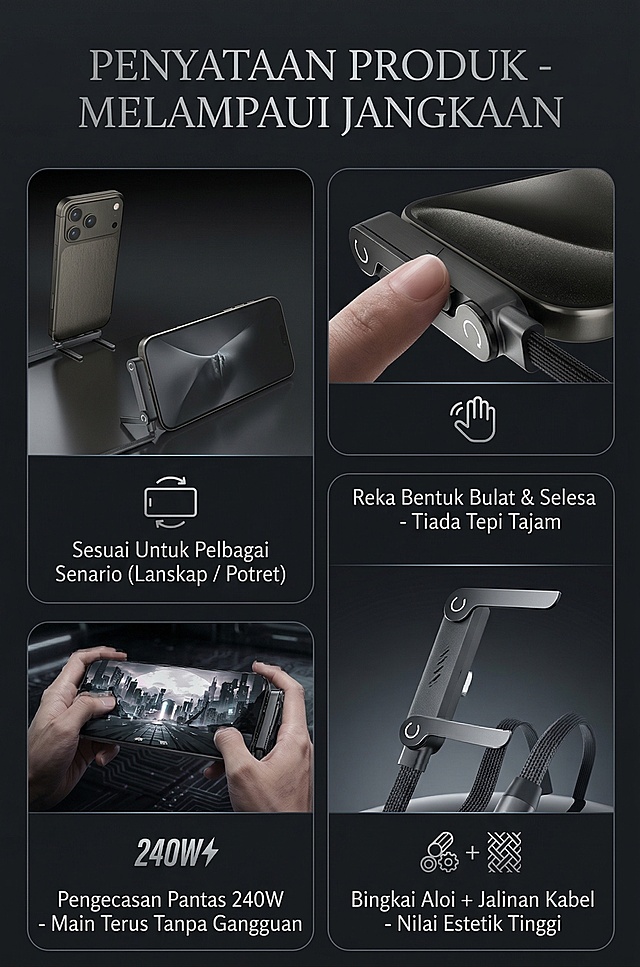 基于原图重新生成，更换排版，色系风格为干净科技黑灰质感，整体调性极简干净、高级质感、低饱和、无杂乱元素，视觉为质感产品图 + 精致对比 + 轻科技感，风格是黑色高级汽车风，马来简约高级3c风格，干净高级构图。主标题 "产品详细 超越期待"，内容分四个模块展示：横屏竖屏多场景都适用、圆润舒适手感不硌手设计、240W极速闪充畅玩不掉线、合金支架+编织线身高颜值，使用图标+短句，文字语言为马来语言，保持原图比例，不要白底图