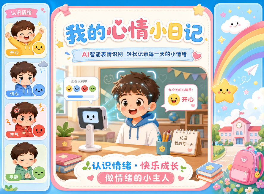 童趣活泼的小学生心情日记智能体电子展板，整体横向宽屏设计，色彩明亮柔和，以马卡龙蓝、粉、黄为主色调。画面分为三个区域：左右两侧各30cm宽度的装饰区，中间62cm宽度的主内容区。左侧装饰区绘制可爱的卡预览效果