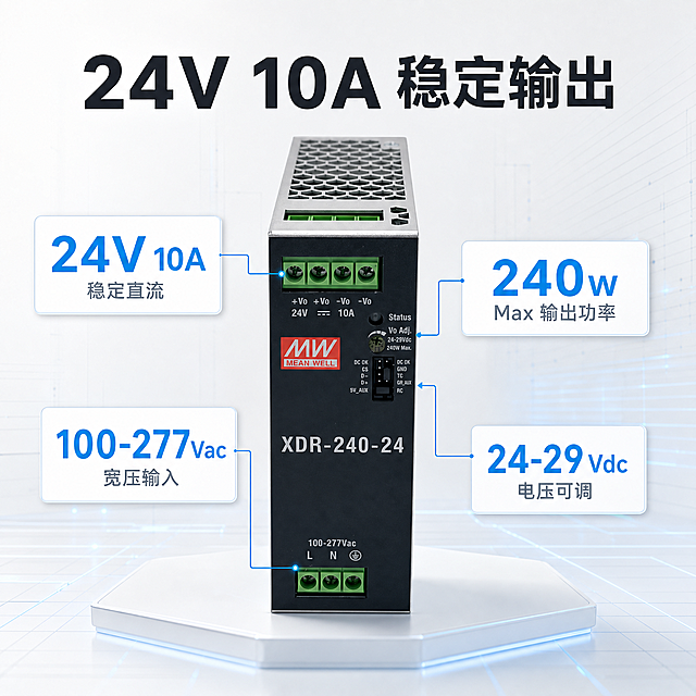 [主图-2] 核心价值图：聚焦“24V/10A 稳定输出”这一个核心购买结论，用有依据数据支撑。
[统一基调] 淘宝/天猫精密实验室风；风格=精密实验室实拍+信息图；背景=纯白至冷灰白渐变(#FFFFFF→#EDF1F5)，叠加金属拉丝纹理与数据化细线网格；台面=白色哑光亚克力展台；主标题字色=深石墨(#151A1F)；辅助字色=中灰蓝(#6B7683)；强调色=冰蓝(#00A8E8)，明纬红(#E4002B)仅在产品本体标志处自然呈现；主标题字体=中文现代黑体粗体；说明文字=中文简洁无衬线体；字号层级=主文案最大、辅助文案缩小50%以上；组件=白色卡片+极细灰描边+轻微投影、细线引线、数据胶囊；光影=冷白主光+冰蓝边缘光与氛围光晕，金属高光细腻。
[画面] 使用【图111】产品正面图：产品居中偏上占画面约45%，周围3-4张白色信息卡用冰蓝细线引向产品对应端子与机身区域；背景洁净实验室白底加数据化细线网格与冰蓝氛围光晕；信息卡为大号数字加小号说明，卡片带极细灰描边与轻微投影；画面中不出现认证徽章、质保、温度、保护功能等信息；产品与卡片之间留清晰间距，信息密度中等。
[光影质感] 冷白主光，产品面板文字与绿色端子清晰可读，金属外壳高光细腻；信息卡为白色平面组件带轻微投影，与产品光影方向一致。
[配色] 纯白与冷灰白底，深石墨标题字，中灰蓝辅助字，冰蓝仅用于核心数字高亮与细引线；文字与背景强对比。
[文字版式] 主标题“24V 10A 稳定输出”横向大字；数据卡内容“24V 10A 稳定直流”“240W Max 输出功率”“100-277Vac 宽压输入”“24-29Vdc 电压可调”；全部横向排版，数字清晰，不遮挡产品铭牌。
[输出要求] 1:1方形，2048px，2K；避免产品变形、铭牌文字错乱、竖排文字、错别字、文字过小、参数表式堆叠、认证/质保/温度/保护图标、水印、二维码、平台Logo；保持产品真实质感。