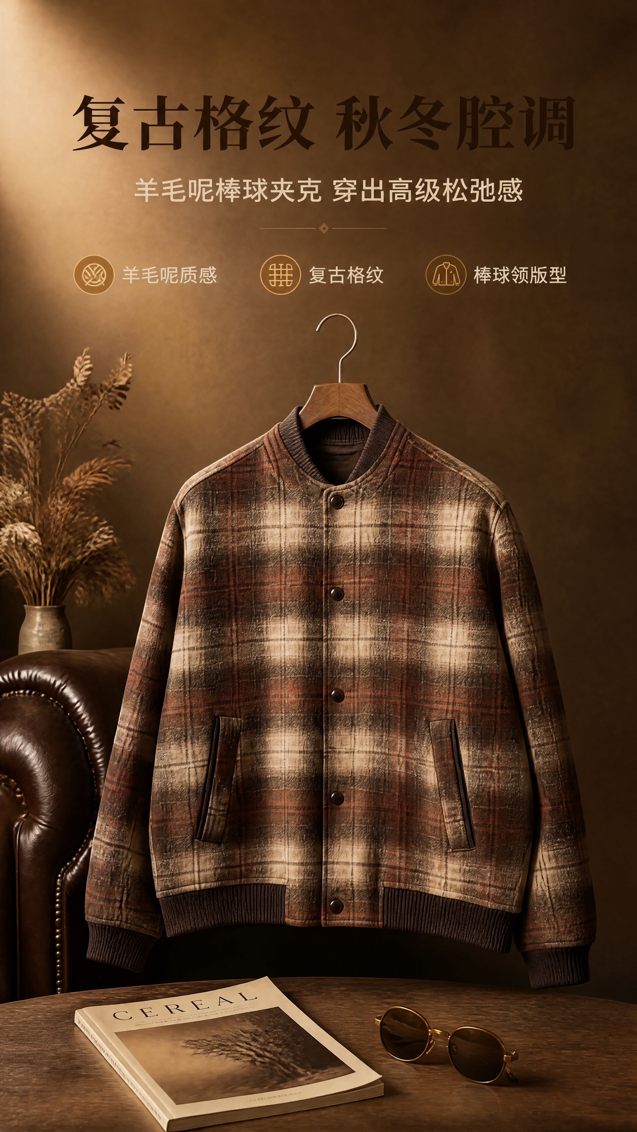 [商品] 使用【图1】棕咖色复古格纹羊毛呢棒球夹克；商品处理：… - 图片创意预览