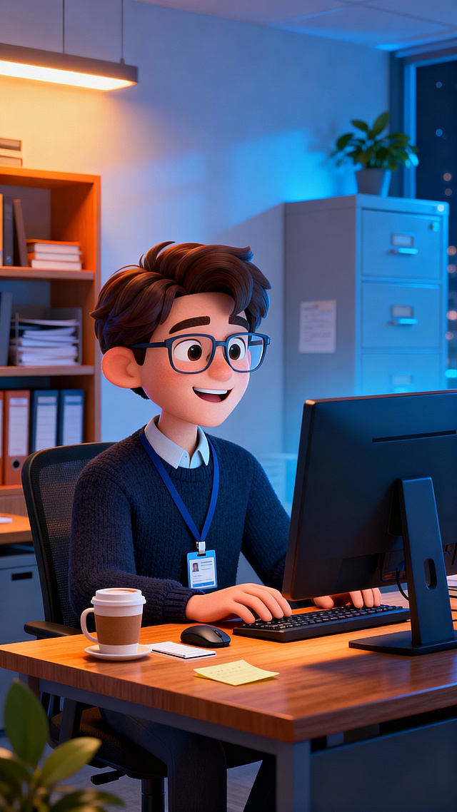 该广告图采用竖版构图，整体为3D卡通风格的现代办公场景。画面中心是一位戴眼镜的年轻男性角色，身穿深色毛衣，佩戴工牌，正专注地操作电脑，表情放松愉悦。他坐在实木办公桌前，在他面前是一台电脑显示器，屏幕面朝男性。桌上摆放有咖啡杯、便签本和鼠标。背景为夜间办公室环境，暖黄灯光与冷蓝光影交织，营造温馨高效的工作氛围。书架、文件柜以及角落的绿植点缀空间，增强真实感。色彩以蓝、橙、白为主调，强调科技感与温暖感。