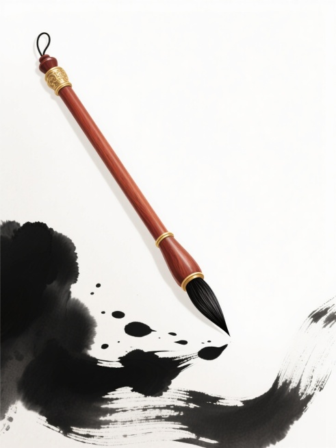 中国风传统毛笔插画，一支精致的毛笔斜向摆放，笔杆为棕红色木质，带有金色环形装饰，笔头为黑色鬃毛，笔尖锐利，毛笔下方是水墨在宣纸上晕染开的黑色墨团和飞溅的墨点，呈现出自然的书法笔触效果，整体风格简约典雅，具有浓厚的传统文化气息，画面背景为纯白色，突出毛笔与水墨元素的主体地位，线条流畅，墨色浓淡变化自然，营造出宁静古朴的东方艺术氛围。预览效果