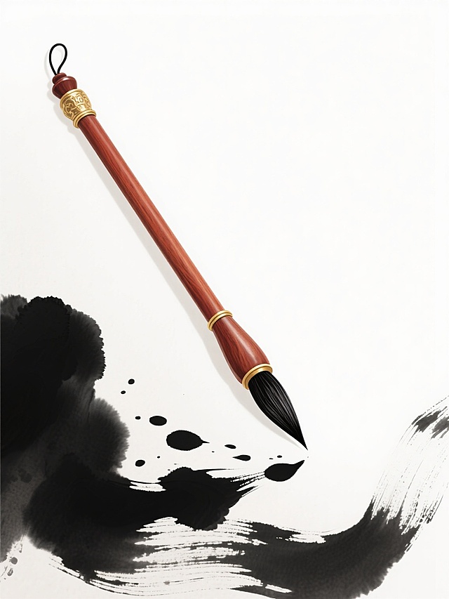 中国风传统毛笔插画，一支精致的毛笔斜向摆放，笔杆为棕红色木质，带有金色环形装饰，笔头为黑色鬃毛，笔尖锐利，毛笔下方是水墨在宣纸上晕染开的黑色墨团和飞溅的墨点，呈现出自然的书法笔触效果，整体风格简约典雅，具有浓厚的传统文化气息，画面背景为纯白色，突出毛笔与水墨元素的主体地位，线条流畅，墨色浓淡变化自然，营造出宁静古朴的东方艺术氛围。