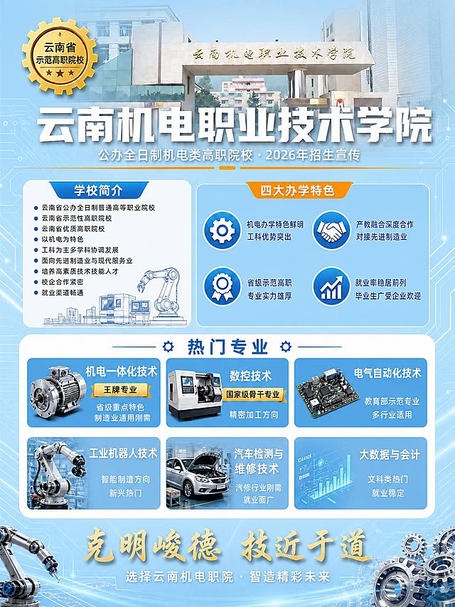 将这张云南机电职业技术学院招生宣传海报的整体背景色由深蓝色改为清新淡蓝色（天蓝色/浅蓝渐变），保持明亮通透的感觉。所有文字内容、版式布局、卡片样式、图标、专业色块颜色、标题字体、校训、金色徽章等全部保持原样不变，仅替换背景色为淡蓝色渐变。画面顶部校园实景图保留，其上方的渐变蒙层也改为淡蓝色半透明渐变。整体风格清新明亮，公办院校正式感。不需要二维码。