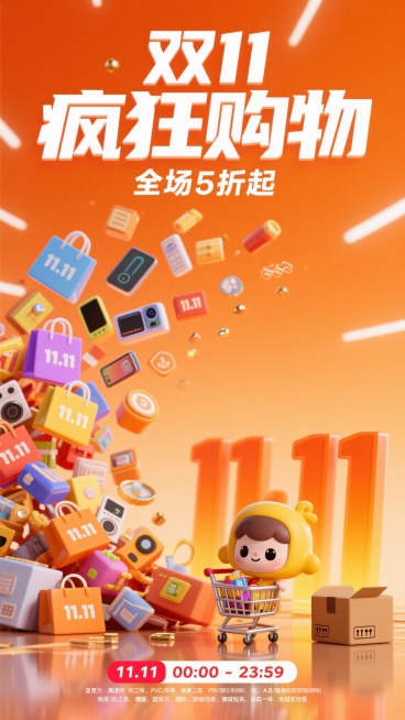 卡通3D风格双11促销海报，暖橙色为主色调，画面上方中央位置白色粗体立体大字“双11疯狂购物”，下方小字“全场5折起”，左侧和中间区域大量色彩缤纷的商品（各色购物袋、包装盒、电子产品、带“11.11”预览效果