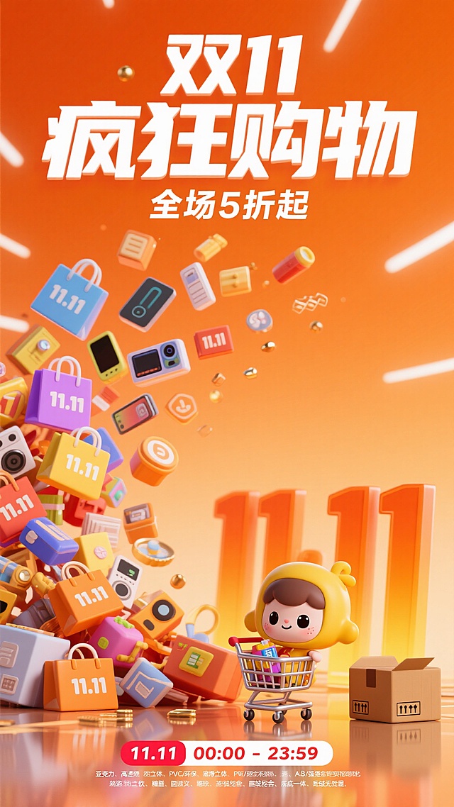 卡通3D风格双11促销海报，暖橙色为主色调，画面上方中央位置白色粗体立体大字“双11疯狂购物”，下方小字“全场5折起”，左侧和中间区域大量色彩缤纷的商品（各色购物袋、包装盒、电子产品、带“11.11”标识物品）从左向右如潮水般倾泻而下，右下角立体橙黄渐变“11.11”数字，旁边装满商品的购物车，地面有带快递标识的棕色纸箱，地面带光泽反射，背景为暖橙色渐变并点缀白色光斑线条，底部小字“11.11 00:00 - 23:59”