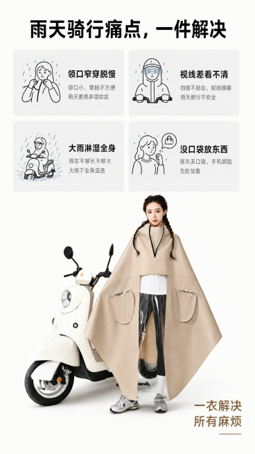 [第2屏] 雨天骑行痛点展示，电动车雨衣拉链领口款。本屏使用【图1】作为产品主体参考。
[氛围/风格] 清晰信息版式，简约干净，商业实用风格，信息一目了然。
[元素布局] 画面分为上下两个区域，顶部是预览效果