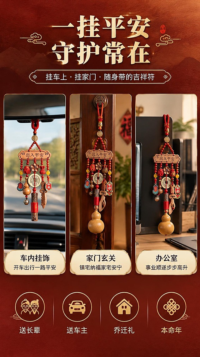 [商品] 使用【图1】桃木款挂件小图+【图3】双款式挂件小图；保留所有产品结构、颜色、材质和文字，不修改产品外貌。
[画面] 页面目标：情感人群与适用场景，让用户快速找到自己的使用场景。构图：上半部分大标题区，下半部分3格场景拼图（车内后视镜挂饰、家门玄关挂饰、办公室工位挂饰），每格小图内有挂件真实使用效果；底部4个圆形图标对应4类送礼人群。背景为红棕渐变纸质感。
[视觉] 套系策略：风格=新中式高级商业摄影+纸质感渐变背景；标题字=宋体衬线粗体；正文字=现代简洁无衬线体；主色=朱砂红+桃木棕；背景延展=深红→暖棕的高级渐变叠加细腻宣纸/卡纸纹理；强调色=烫金色，仅用于图标、引线、重点字；标题色=米白+烫金点缀；正文色=浅米白；组件=圆角米白信息卡、细线金色引线、中式圆形图标框；光影=暖柔光统一。
[文字] 顶部主标题"一挂平安 守护常在"，副标题"挂车上·挂家门·随身带的吉祥符"；3个场景分别标注：「车内挂饰」开车出行一路平安、「家门玄关」镇宅纳福家宅安宁、「办公室」事业顺遂步步高升；底部4个圆形图标+文字：送长辈、送车主、乔迁礼、本命年。所有文字横排。
[规格] 图片比例9:16竖版，2K分辨率，medium质量；避免变形、错字、文字过小、冷蓝背景、产品失真、包装卖点。