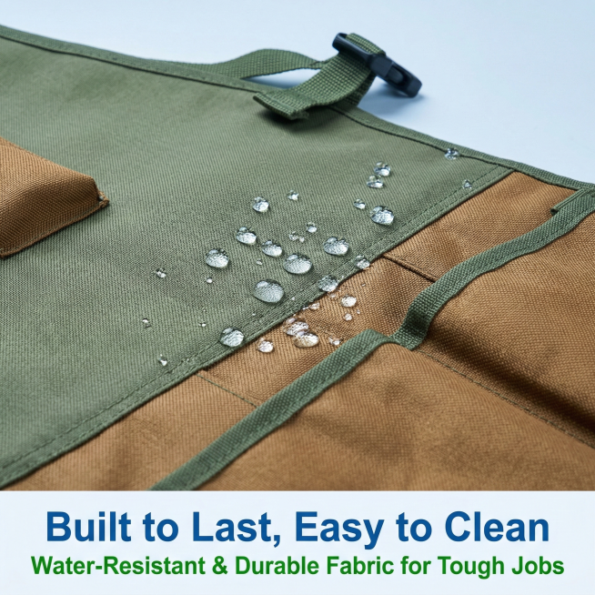 严格复刻上传的产品图：围裙面料的特写，所有颜色和纹理细节不变。展示水滴在面料表面凝结滚落以体现防水性，或者展示泥土可轻松从面料上擦拭干净。冷色调光线，科技感写实风格，强调优质材质。底部中心是蓝色粗体无预览效果