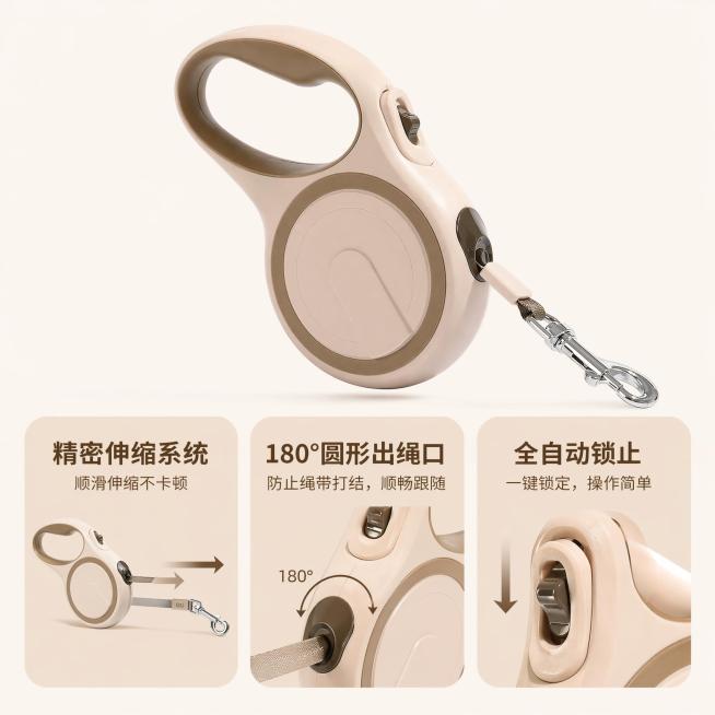 [主图-2] 核心卖点展示 自动伸缩牵引绳核心功能
[氛围风格] 清晰功能展示，专业可信风格
[画质] 商业摄影质感、光线柔和通透、产品清晰真实、画面干净高级
[元素] 保持浅奶茶色牵引绳产品外观、结预览效果