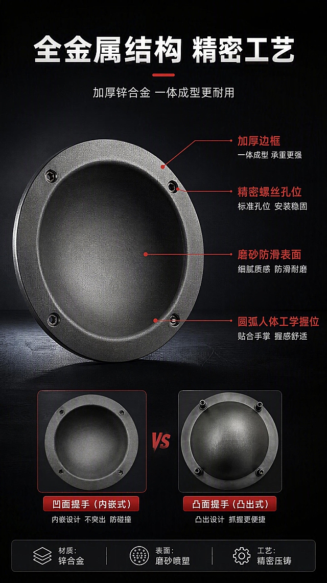[第4张] 详情页结构材质拆解-音箱提手金属结构与工艺。本张使用【图1】凹面提手和【图2】凸面提手作为结构展示。
[氛围/风格] 工业科技风，黑底性能页风格，精密结构感，技术专业感。
[元素布局] 画面左侧为凹面提手正面大图，占比约50%；右侧为结构拆解标注区，用红色引线标注4个关键部位：加厚金属边框、精密螺丝孔位、磨砂防滑表面、圆弧人体工学握位；底部可加凸面提手小图作对比；产品结构、颜色、材质与输入图完全一致。
[光影质感] 两侧45度交叉硬光，金属表面形成清晰明暗过渡，突出厚度与立体感，红框与引线高亮，结构层次分明。
[配色色系] 全局底色 #0F1115 纯黑；主色深灰金属；辅助色红色 #E74C3C 标注引线；文字白色+红色高亮。
[视角构图] 正面视角，左图右文，阅读动线从产品主体到右侧标注，信息层级清晰。
[文字版式] 版式为左侧产品大图 + 右侧结构标注 + 底部材质说明。主标题「全金属结构 精密工艺」，副标题「加厚锌合金 一体成型更耐用」，顶部居中粗黑体；右侧4项结构标注，每项引线连接对应部位，配4-6字短标题+1行说明，如「加厚边框」「一体成型 承重更强」；底部材质信息条「材质：锌合金 表面：磨砂喷塑 工艺：精密压铸」。
[比例分辨率] 9:16 竖版比例，4K分辨率，文字清晰可辨，高清画质。
[负向提示词] 产品变形，结构错误，孔位缺失，颜色偏差，水印，文字错乱，塑料感。