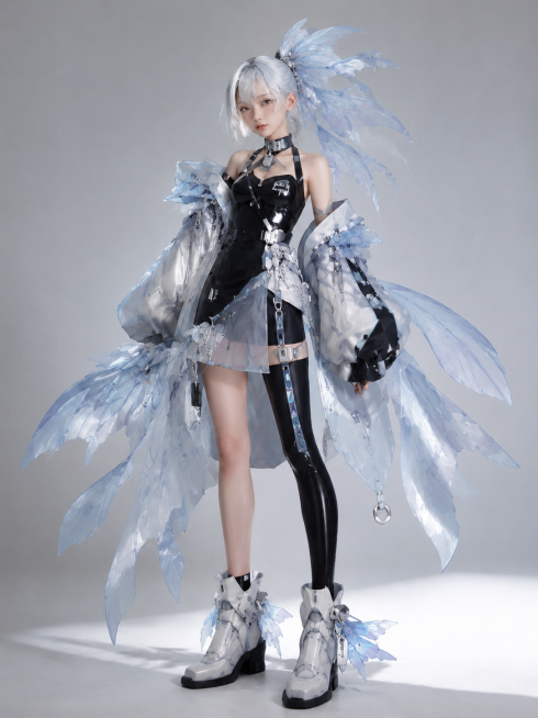 参考第一张图片的写实机能风服饰拍摄风格，将这张二次元拟人服装设计图改成写实真实的服装服饰摄影图，保留黑蓝冰蓝色鱼鳍机能服装设计的全部细节和造型，写实光影，影棚拍摄预览效果