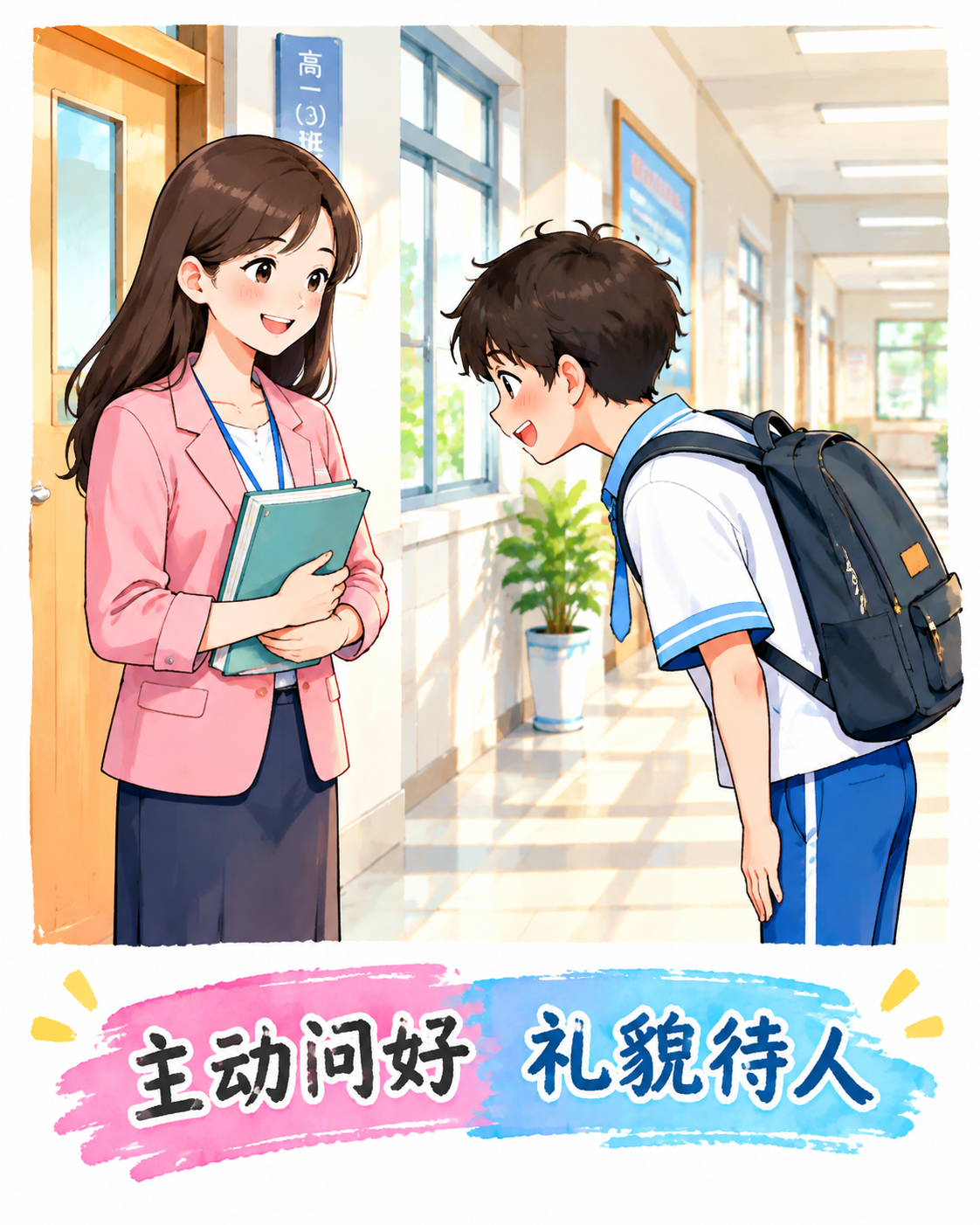 从这张黑板报中提取并单独生成第一张插画：一个学生背着书包向女老… - 图片创意预览