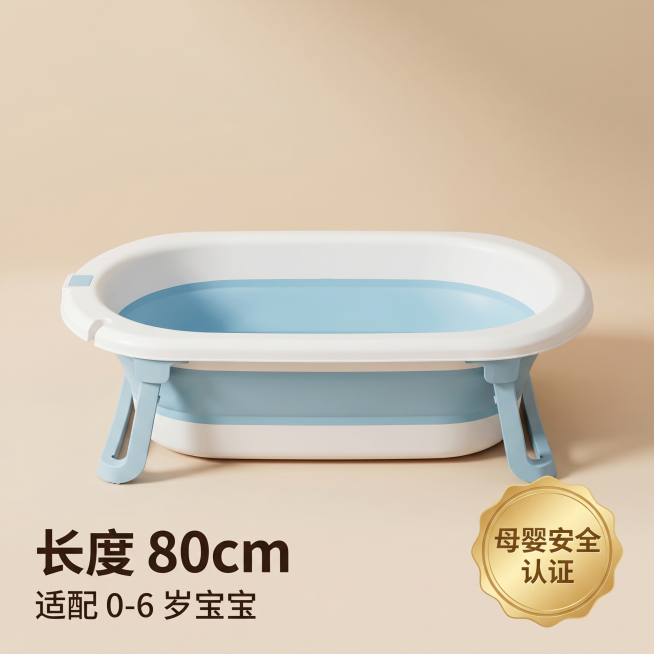 [主图 5] 婴儿浴盆权威展示促成下单
[氛围风格] 干净权威，突出安全可靠
[画质] 商业摄影质感、光线柔和通透、产品清晰真实、画面干净高级
[元素] 产品整体居中展示，右下角放置母婴级安全认证金标预览效果