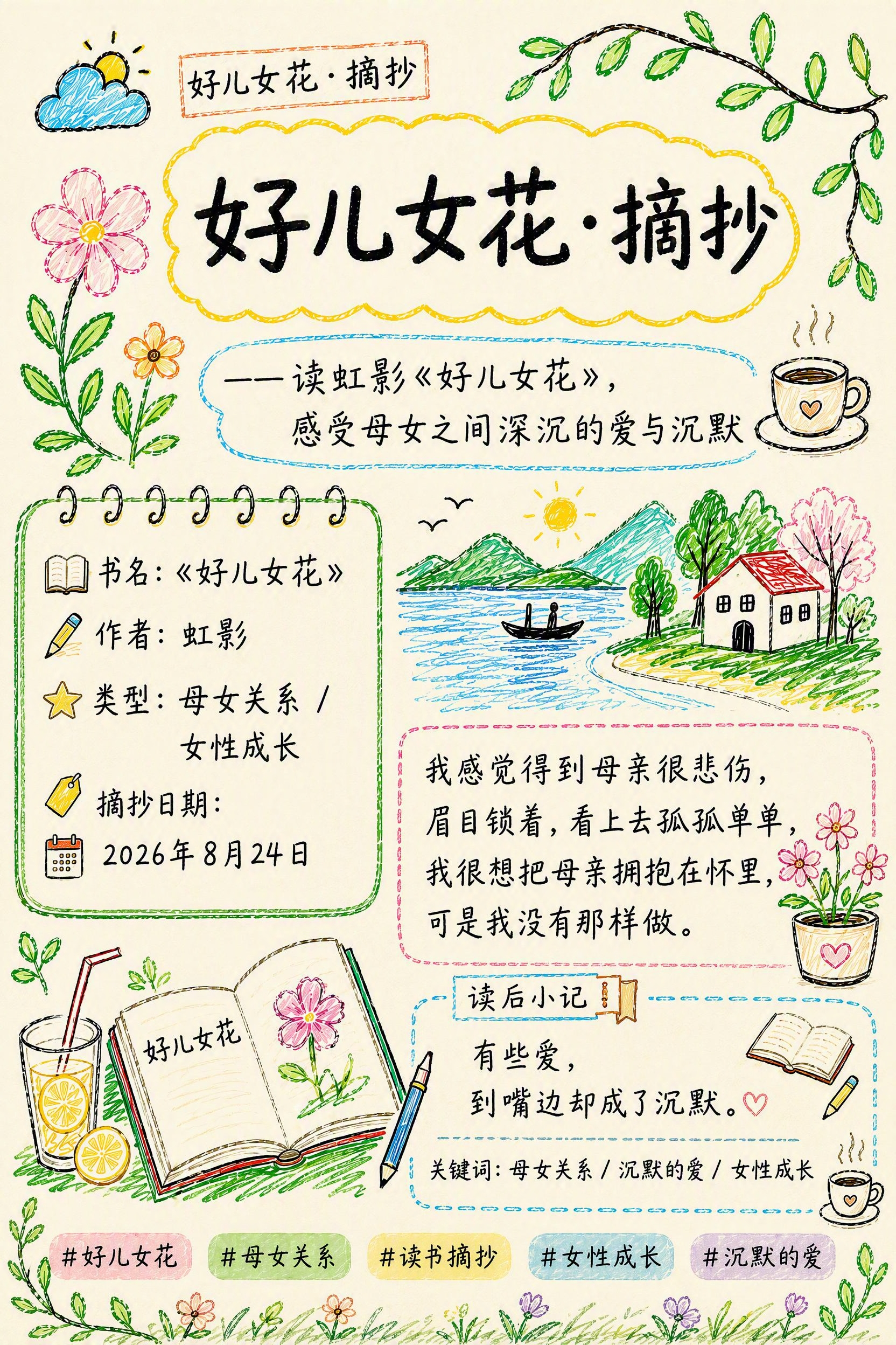 参考图二的彩色蜡笔手绘读书手账风格，整体为米黄色纸张底色，保持… - 图片创意预览