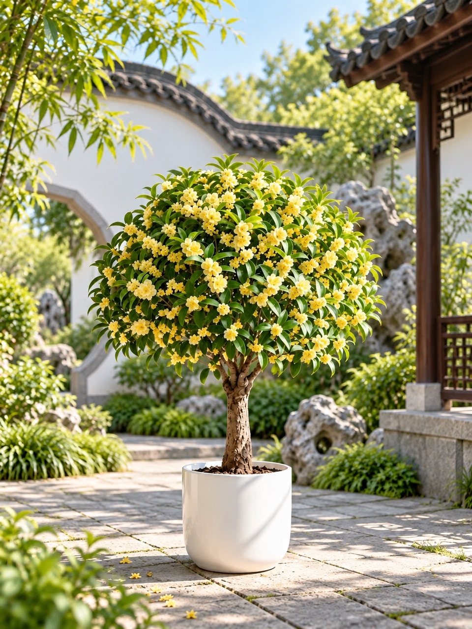 保留桂花树盆栽主体不变，生成相似风格的中式庭院背景，江南园林风… - 图片创意预览