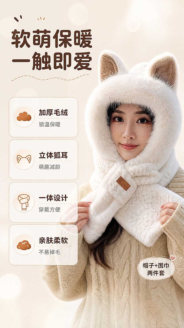 [商品] 使用【图6】米白色狐狸耳帽子围巾两件套；商品处理：保留立体耳朵、一体结构、毛绒材质、皮质标、米白色；增强毛绒蓬松感与纹理细节，不改变版型结构。
[画面] 页面目标：4大核心卖点总览页。构图：左文右图，左侧4个卖点图标+文字纵向排列，右侧模特半身展示产品全貌。主体占画面55%，背景为浅米色渐变+柔和光斑。阅读动线：从左标题到4个卖点，再看向右侧产品图。
[视觉] 套系策略：风格=简约暖调秋冬商业摄影；标题字=圆润可爱无衬线粗体；正文字=简洁无衬线体；主色=奶米白+浅咖棕；背景延展=基于奶米白做深浅层级、同色渐变和细腻毛绒/纸张质感；强调色=焦糖棕，仅用于小面积图标、引线和标签；标题色=深咖棕；正文色=中暖灰；组件=圆角浅底信息卡、细线引线、小图标装饰；光影=左前侧暖柔光，均匀柔和。
[文字] 左上主标题"软萌保暖 一触即爱"，下方4个卖点："加厚毛绒 锁温保暖""立体狐耳 萌趣减龄""一体设计 穿戴方便""亲肤柔软 不易掉毛"，每个卖点配小图标。右侧产品图旁小字标注"帽子+围巾 两件套"。所有文字横排。
[规格] 图片比例9:16竖版，4K，避免变形、错字、文字过小、冷色调、产品颜色改变、极限词。