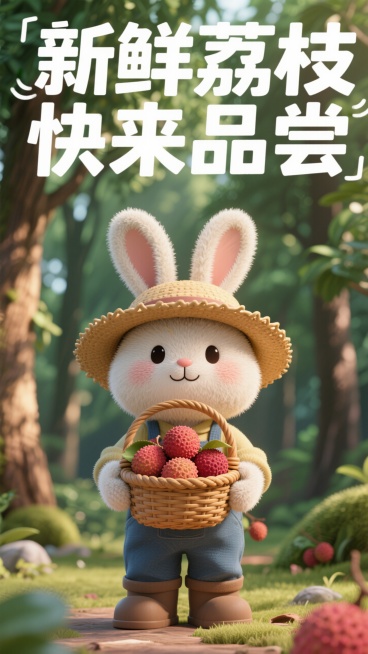 一头拟人化直立的兔子，它是一名采摘工。圆润可爱造型，佩戴草帽，拿着一篮荔枝。背后巨大的文字“新鲜荔枝 快来品尝”，背景是森林预览效果