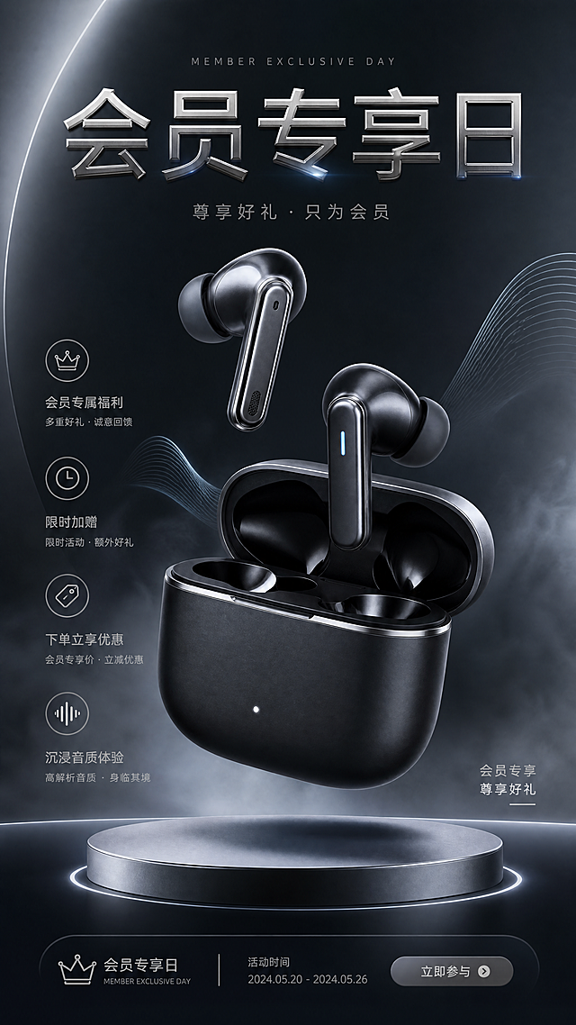 科技感十足的3D重拟物风格海报，金属质感与光影交错，突出耳机体积感与未来感，极繁主义细节强化视觉冲击，营造高端会员专属氛围。