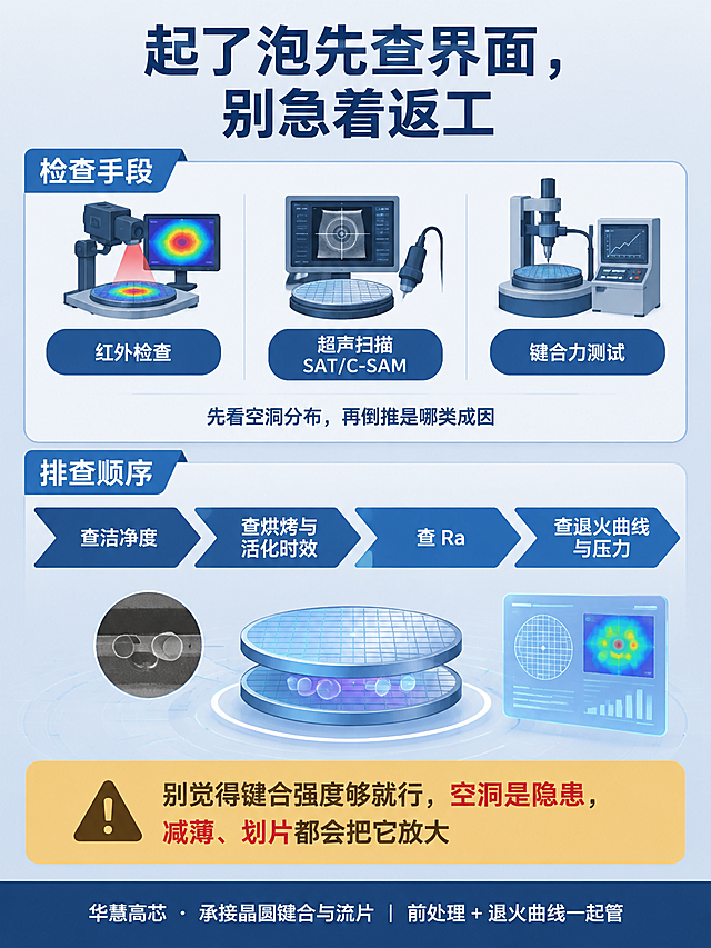 晶圆键合起泡收尾检查SOP科普海报，扁平插画风格，科技感专业简洁。背景为浅灰蓝渐变（#EDF1F6 → #D8E2EE，自上而下）。画面顶部标题，深蓝#1F3A5F加粗大字居中，文字内容为"起了泡先查界面，别急着返工"。上部为检查手段卡，三条横排图标加文字：第一个图标配文字"红外检查"，第二个配文字"超声扫描 SAT/C-SAM"，第三个配文字"键合力测试"；下方小字说明"先看空洞分布，再倒推是哪类成因"。中部为排查顺序，横排箭头串联，深蓝#3E6FA8色，依次为"查洁净度" → "查烘烤与活化时效" → "查 Ra" → "查退火曲线与压力"，每个环节用箭头连接。底部为避坑条，暖黄#F7C873底+深棕字#3D2E1A，关键词用红色#D64545高亮，文字内容为"别觉得键合强度够就行，空洞是隐患，减薄、划片都会把它放大"。最底部为深蓝底白字品牌条，文字内容为"华慧高芯 · 承接晶圆键合与流片 | 前处理 + 退火曲线一起管"。整体版式精美，层级分明，专业科技感。画面中所有文字必须清晰可读，精确渲染。画面中所有信息区域必须填充完整合理的内容，不得出现空白框或占位。