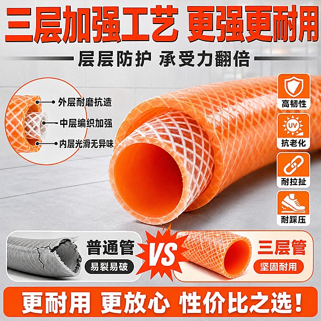 [主图-2] 核心亮点 三层加强结构工艺展示 突出高韧性强承受力
[统一基调] 拼多多风格 大字直白 高信息密度满版构图 背景浅灰工业风 主标题橙红色粗黑体 辅助文案深灰色 强调色亮橙色 圆角卖点胶囊 整体明快醒目 突出性价比和耐用感
[画面] 画面主体为橙色三层PVC软管的局部剖面放大展示 清晰呈现三层结构 外层耐磨层 中间编织加强层 内层光滑层 主软管横放在画面中部 占画面约50% 左侧放剖面放大圆形画中画 用引线标注三层结构名称 右侧竖排4个性能卖点图标 底部放对比示意 普通管vs三层加强管
[光影质感] 商业摄影质感 剖面边缘清晰利落 各层材质区分明显 编织层网格纹理清晰 塑料层有光泽质感 主光均匀 阴影柔和
[配色] 背景浅灰色 主标题橙红色 结构引线标注用深灰色 性能图标用橙色填充 对比图左侧普通管用灰色 右侧三层加强管用橙色
[文字版式] 顶部超大主标题"三层加强工艺 更强更耐用" 下方副标题"层层防护 承受力翻倍" 剖面画中画内三条引线分别标注"外层耐磨抗造""中层编织加强""内层光滑无异味" 右侧四个图标配文分别是"高韧性""抗老化""耐拉扯""耐踩压" 底部对比栏左侧写"普通管 易裂易破" 右侧写"三层管 坚固耐用" 字体统一粗黑体 层级分明
[输出要求] 1:1正方形 2048x2048 文字清晰可读 产品结构准确 无变形错字 无水印无平台Logo 禁止杂乱