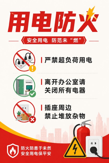 设计一张用电防火安全宣传海报，风格简约大气图文并茂，画面简介干净。主标题大字放置在上方"用电防火"，正文内容分点列出："严禁超负荷用电"、"离开办公室请关闭所有电器"、"插座周边禁止堆放杂物"。搭配简预览效果