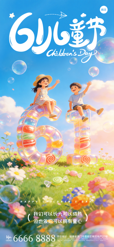 六一儿童节节日祝福梦幻童趣感全屏竖版海报预览效果