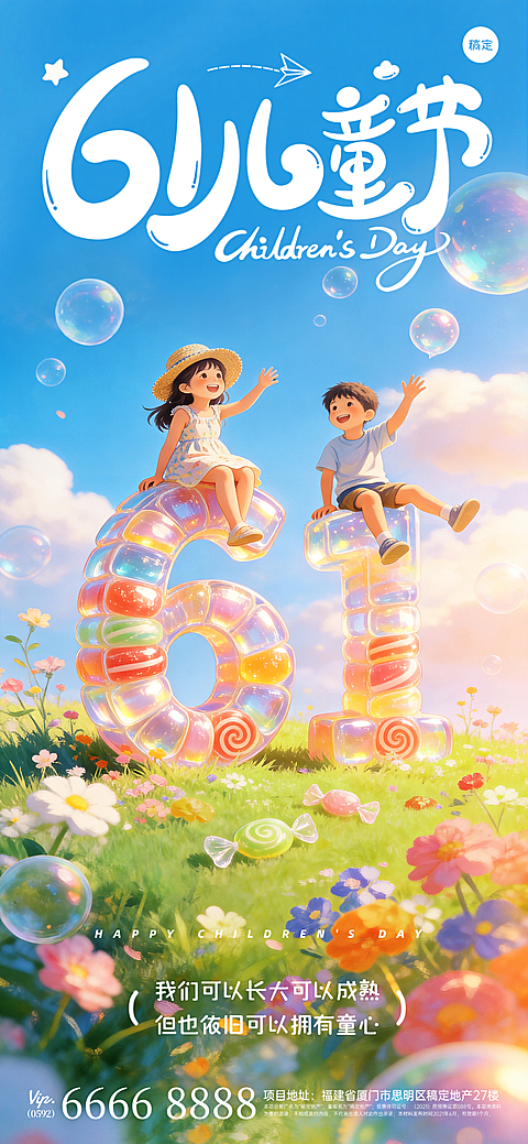六一儿童节节日祝福梦幻童趣感全屏竖版海报