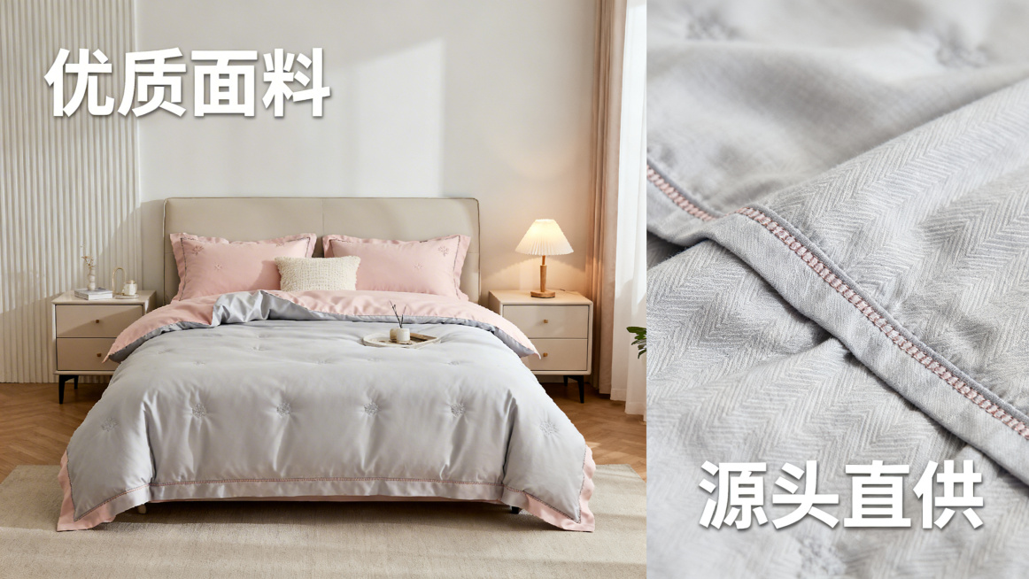 主页背景图，视觉聚焦氛围感强，温馨卧室居家实景，整床铺展开的床品被套，搭配床头柜和台灯，同时搭配产品面料的特写，展示清晰的面料纹理与走线做工，画面添加文案"优质面料""源头直供"，主色调为暖白、浅灰、预览效果