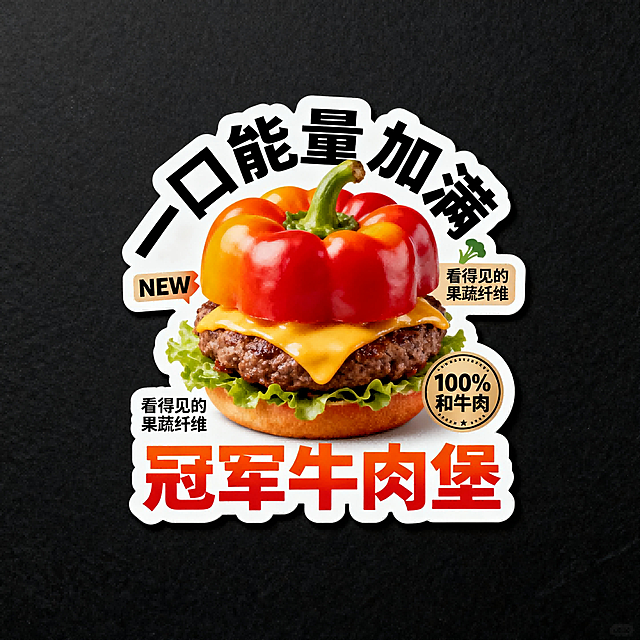 主体汉堡——用彩椒替代传统面包顶，牛肉饼、融化的芝士与生菜。环绕“一口能量加满”，搭配“NEW”标识与“看得见的果蔬纤维”小标签；底部“冠军牛肉堡”橙红色调字体标题，辅以“100%和牛肉”圆形徽章。