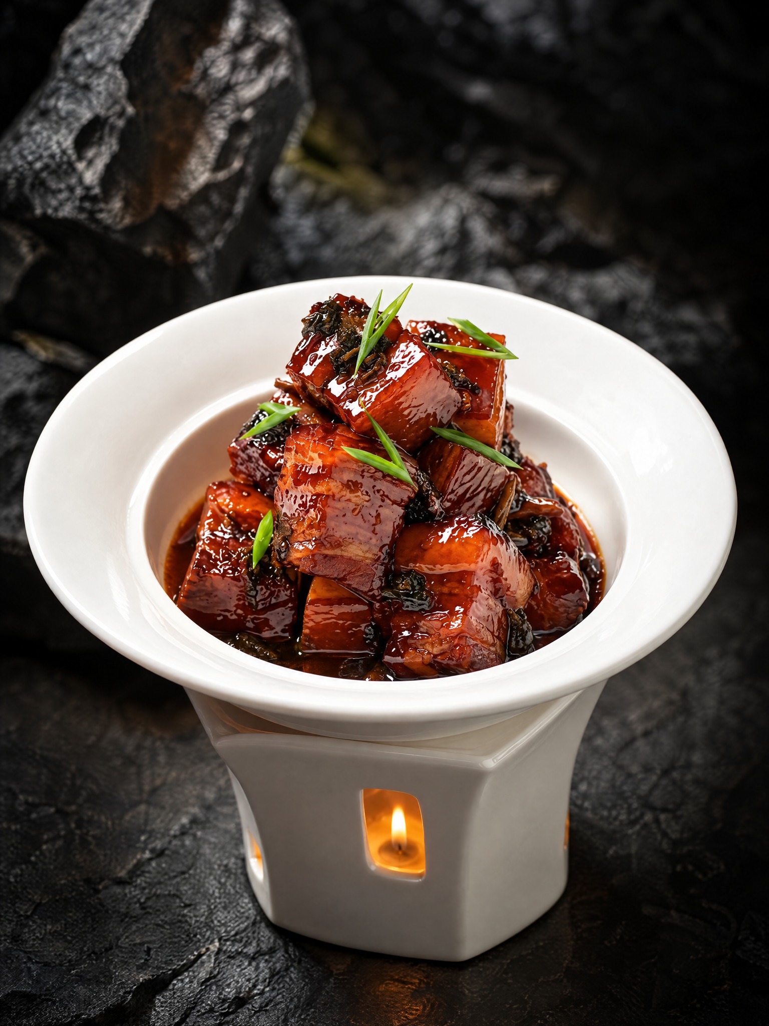 基于参考图中的红烧肉菜品，生成60度俯拍角度的美食摄影图，保持… - 图片创意预览