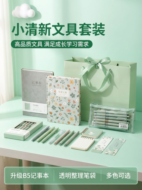 [主图-1] 小清新文具套装礼品首图
[氛围风格] 小清新干净舒适，温馨校园氛围感
[画质] 商业摄影质感，光线柔和通透，产品清晰真实，画面干净高级
[元素] 绿色款小清新文具套装完整展示，包含礼盒礼预览效果