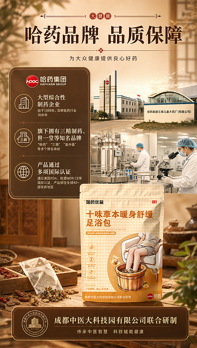 [商品] 使用【图1】哈药优品十味草本暖身舒缓足浴包包装袋；保留包装原貌，置于画面下方，占画面25%。使用【图2】品牌背书文字信息作为文案素材来源，提炼哈药集团品牌实力要点。
[画面] 目标：品牌背书页，建立消费者信任。构图：上下分栏，上半部分品牌实力展示（左侧品牌文字介绍，右侧现代化制药厂房/实验室场景图），下半部分产品袋+联合研制标识。景别：场景全景+产品中景。阅读动线：从上至下，品牌介绍→产品→联合研制。前中后景：前景产品、中景品牌信息卡、后景虚化的药企厂房/实验室暖调场景。
[视觉] 套系策略：风格=新中式国风养生商业摄影，温润有质感；标题字=宋体衬线粗体（古风感）；正文字=简洁黑体；主色=深暖棕咖（比参考图色系深一度）；背景延展=基于深暖棕咖做深浅层级、同色渐变和宣纸/木纹质感；强调色=朱砂红，仅用于小面积图标、引线和标签；标题色=深棕近黑；正文色=暖棕灰；组件=圆角深棕信息卡、细线引线、中式分隔线；光影=左前侧暖柔光，背景有暖光晕染。
[文字] 顶部主标题"哈药品牌 品质保障"；左侧品牌介绍要点：「哈药集团 大型综合性制药企业」「旗下拥有三精制药、世一堂等知名品牌」「产品通过多项国际认证」；底部突出"成都中医大科技园有限公司联合研制"；右下角产品袋。文字均为横排。
[规格] 图片比例9:16竖版，4K分辨率，负向提示：避免虚构认证、错字、文字过小、冷蓝背景、绝对化用语、虚假权威背书。